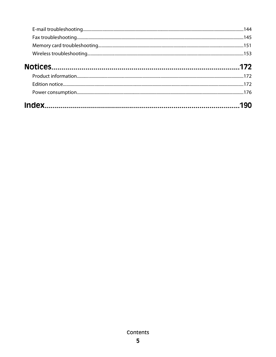 Notices, Index | Lexmark S800 User Manual | Page 5 / 197