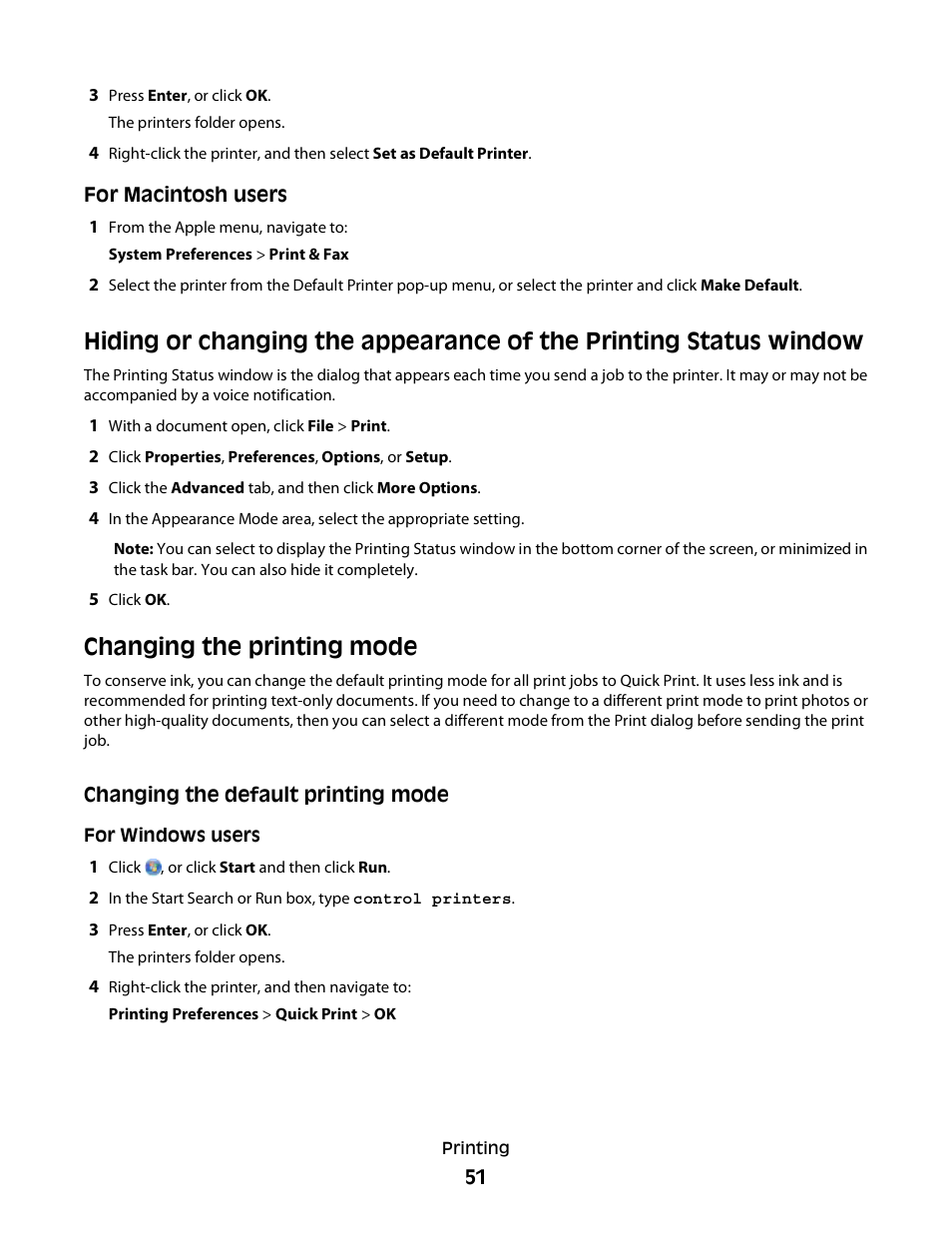 Changing the printing mode | Lexmark S800 User Manual | Page 51 / 197