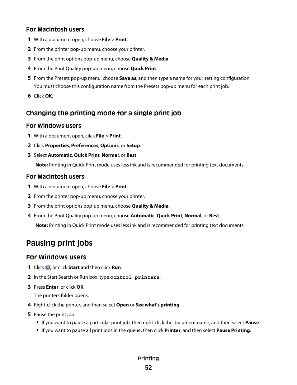 Pausing print jobs | Lexmark S800 User Manual | Page 52 / 197