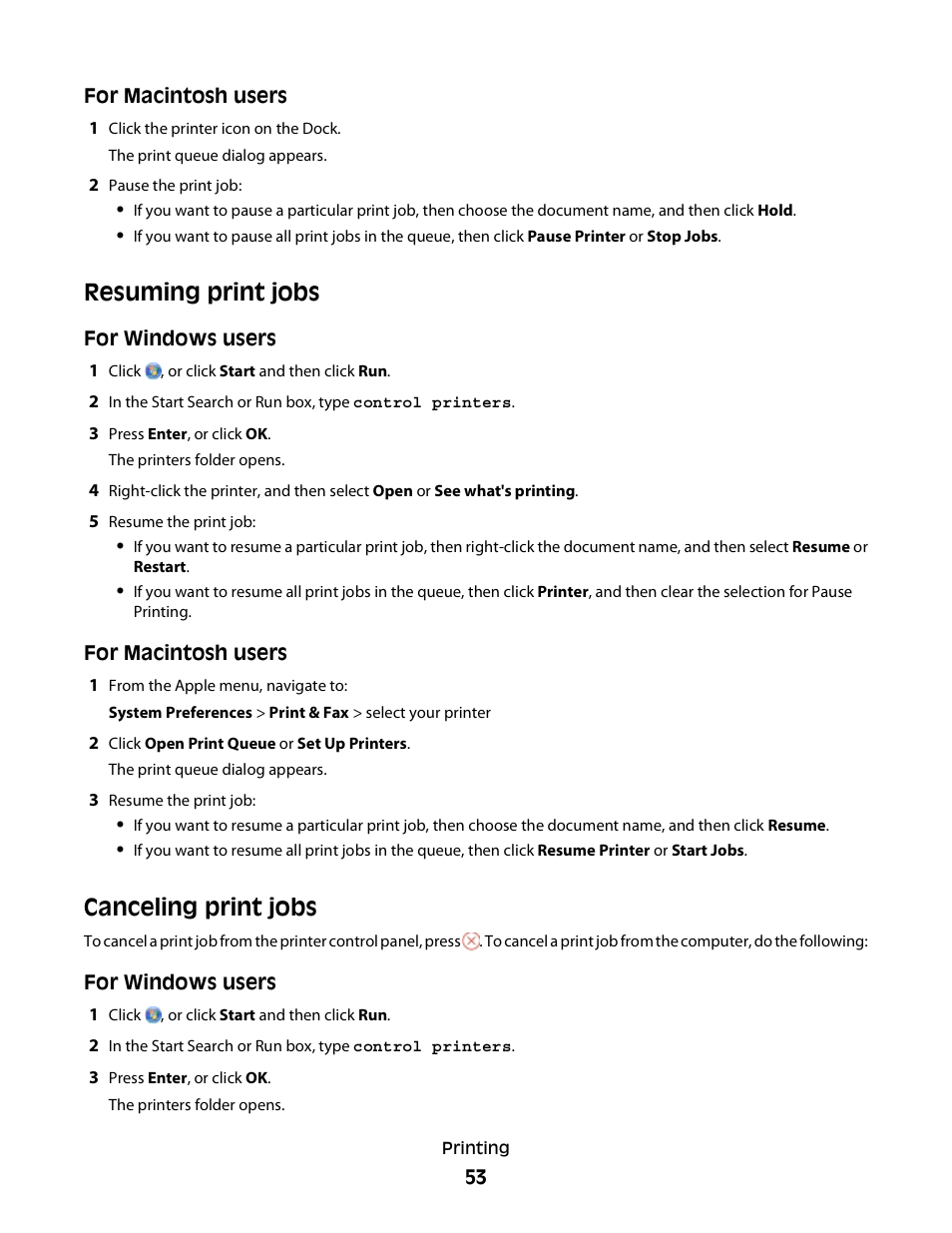 Resuming print jobs, Canceling print jobs | Lexmark S800 User Manual | Page 53 / 197