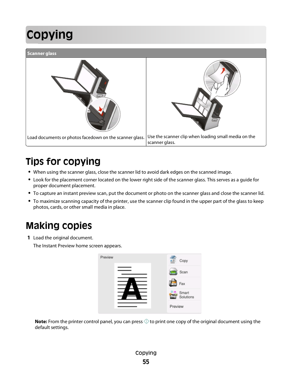 Copying, Tips for copying, Making copies | Lexmark S800 User Manual | Page 55 / 197