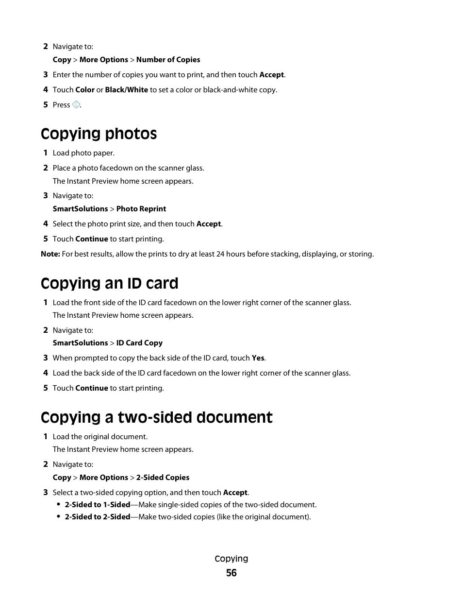 Copying photos, Copying an id card, Copying a two-sided document | Lexmark S800 User Manual | Page 56 / 197