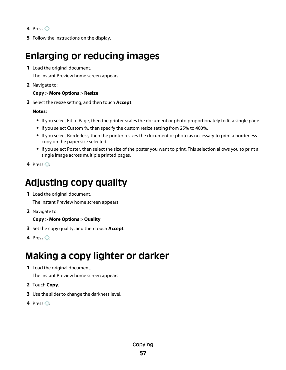 Enlarging or reducing images, Adjusting copy quality, Making a copy lighter or darker | Lexmark S800 User Manual | Page 57 / 197