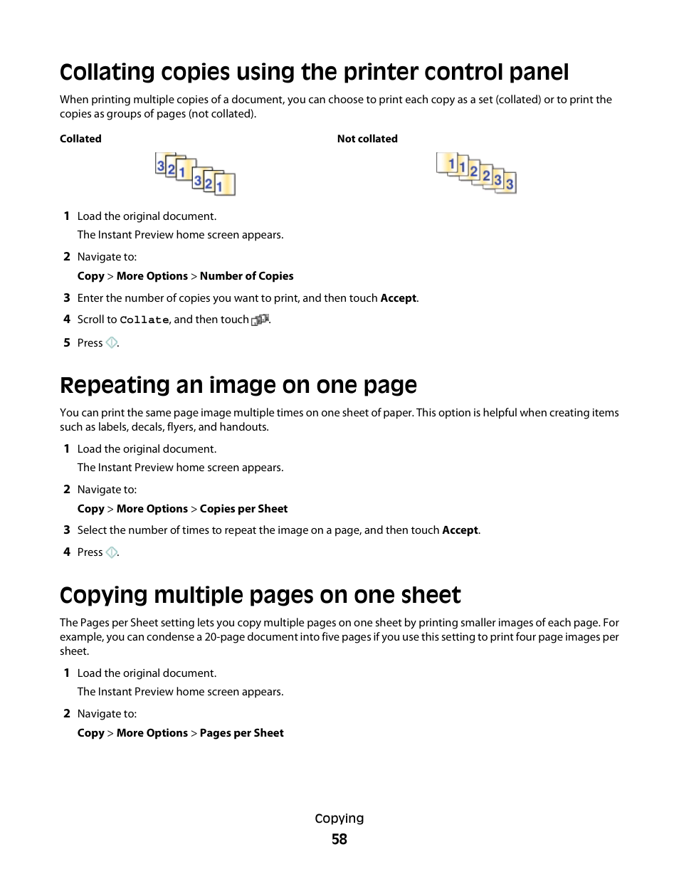 Collating copies using the printer control panel, Repeating an image on one page, Copying multiple pages on one sheet | Lexmark S800 User Manual | Page 58 / 197