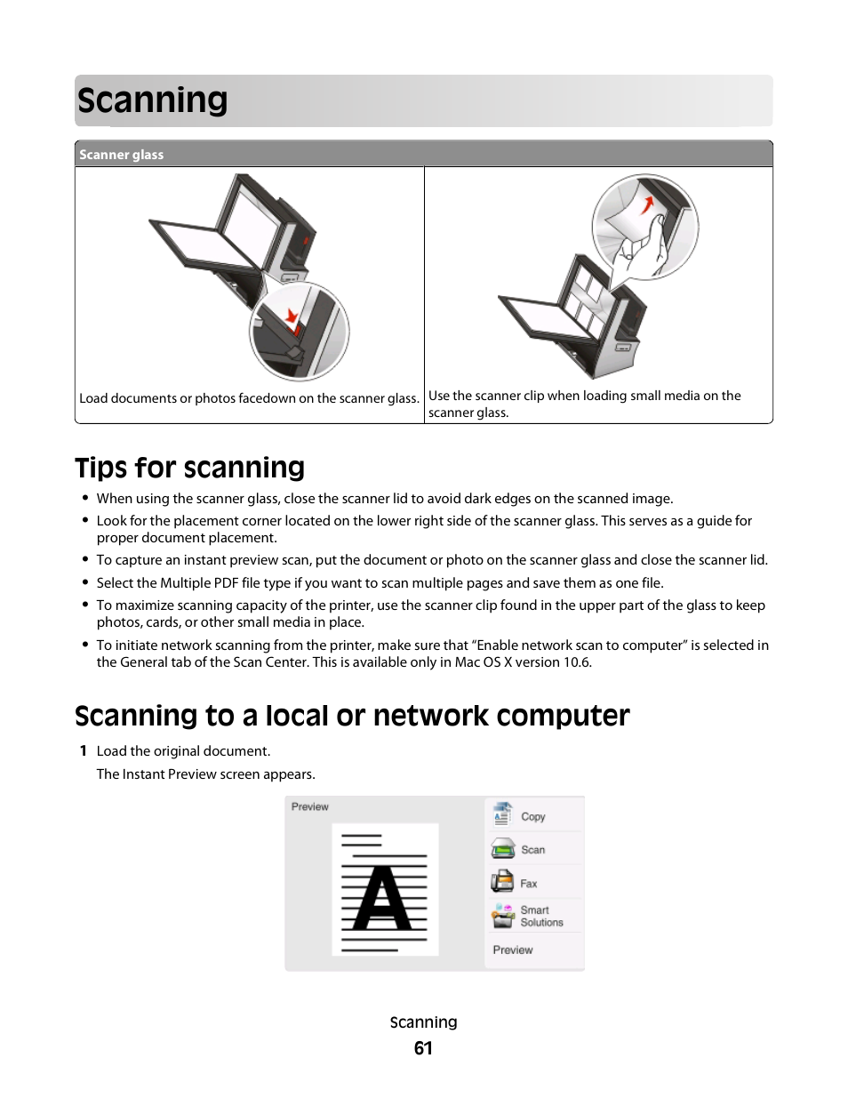 Scanning, Tips for scanning, Scanning to a local or network computer | Lexmark S800 User Manual | Page 61 / 197