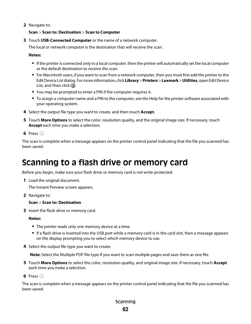 Scanning to a flash drive or memory card | Lexmark S800 User Manual | Page 62 / 197
