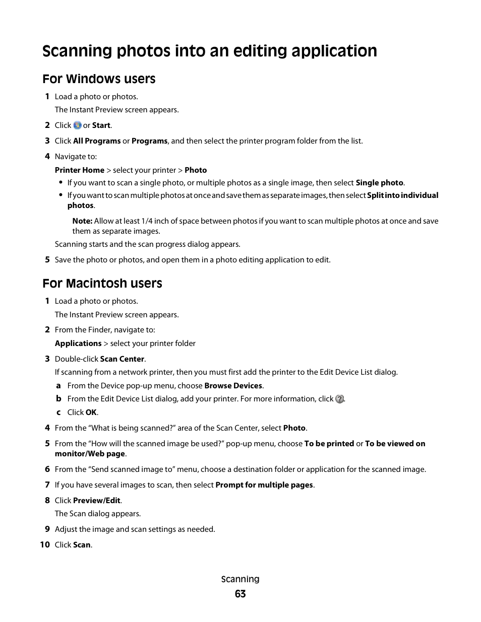 Scanning photos into an editing application, For windows users, For macintosh users | Lexmark S800 User Manual | Page 63 / 197