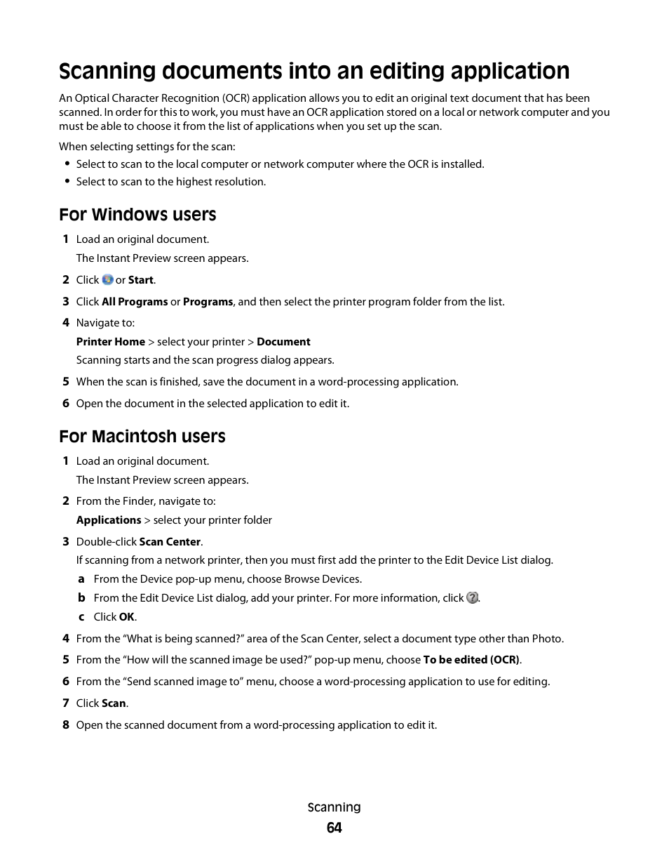 Scanning documents into an editing application, For windows users, For macintosh users | Lexmark S800 User Manual | Page 64 / 197