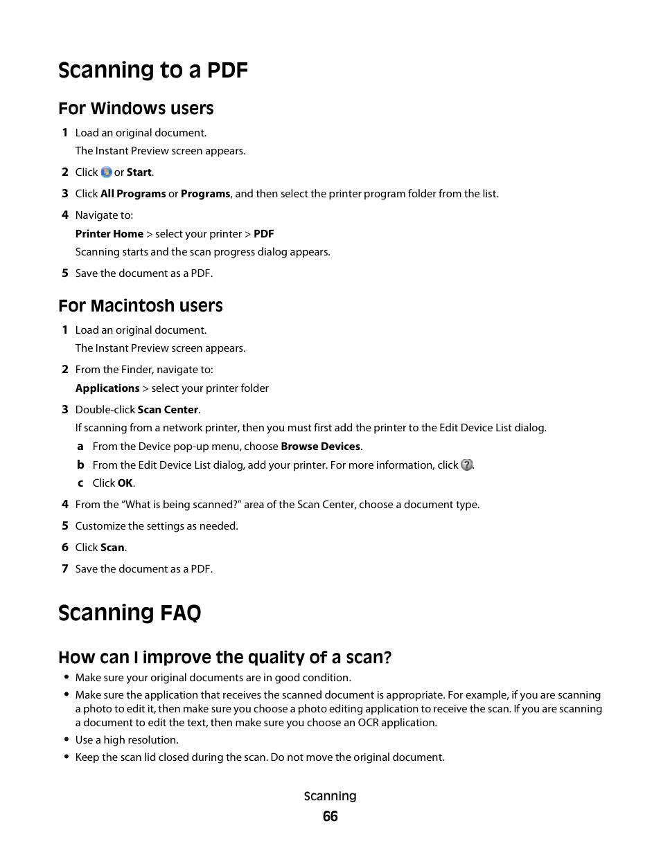 Scanning to a pdf, Scanning faq, How can i improve the quality of a scan | For windows users, For macintosh users | Lexmark S800 User Manual | Page 66 / 197