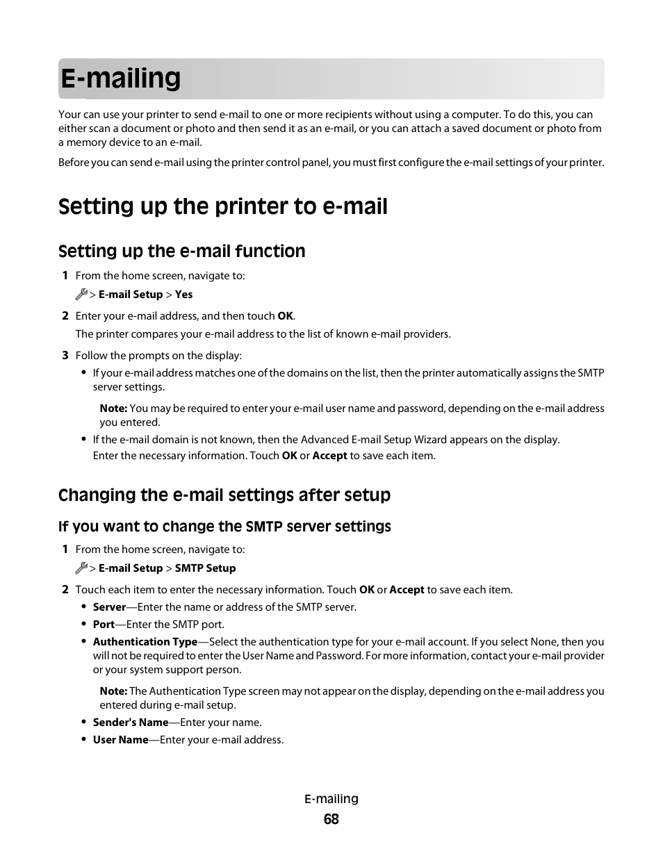 E-mailing, Setting up the printer to e-mail, Setting up the e-mail function | Changing the e-mail settings after setup | Lexmark S800 User Manual | Page 68 / 197