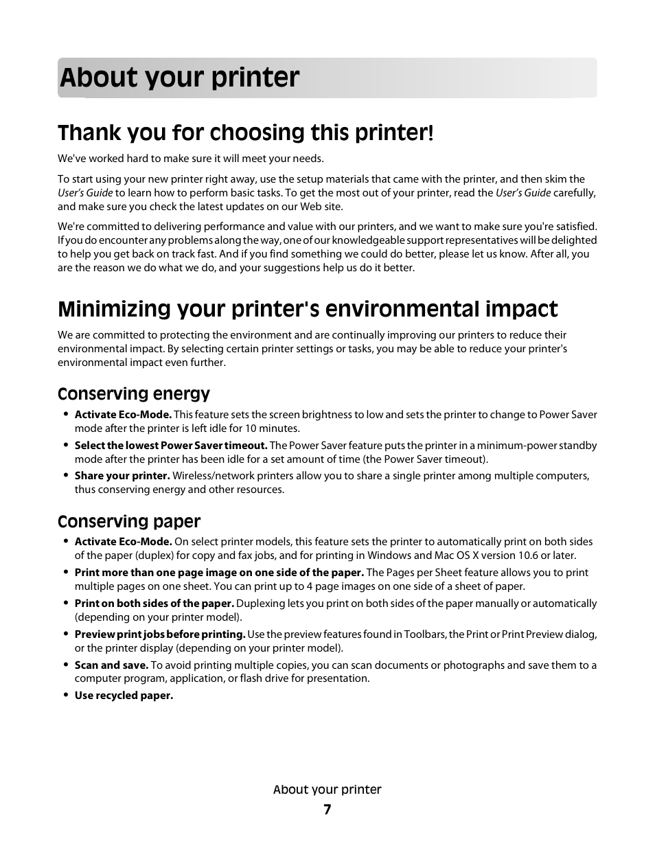 About your printer, Thank you for choosing this printer, Minimizing your printer's environmental impact | Conserving energy, Conserving paper | Lexmark S800 User Manual | Page 7 / 197