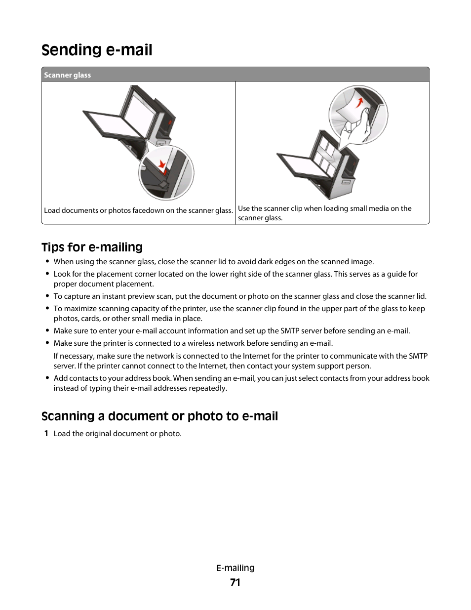 Sending e-mail, Tips for e-mailing, Scanning a document or photo to e-mail | Lexmark S800 User Manual | Page 71 / 197