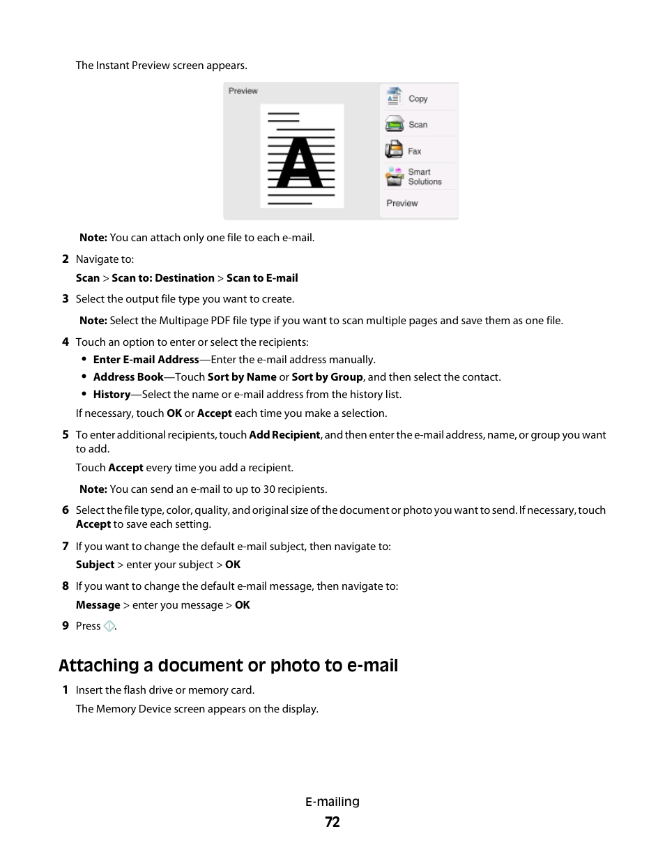 Attaching a document or photo to e-mail | Lexmark S800 User Manual | Page 72 / 197