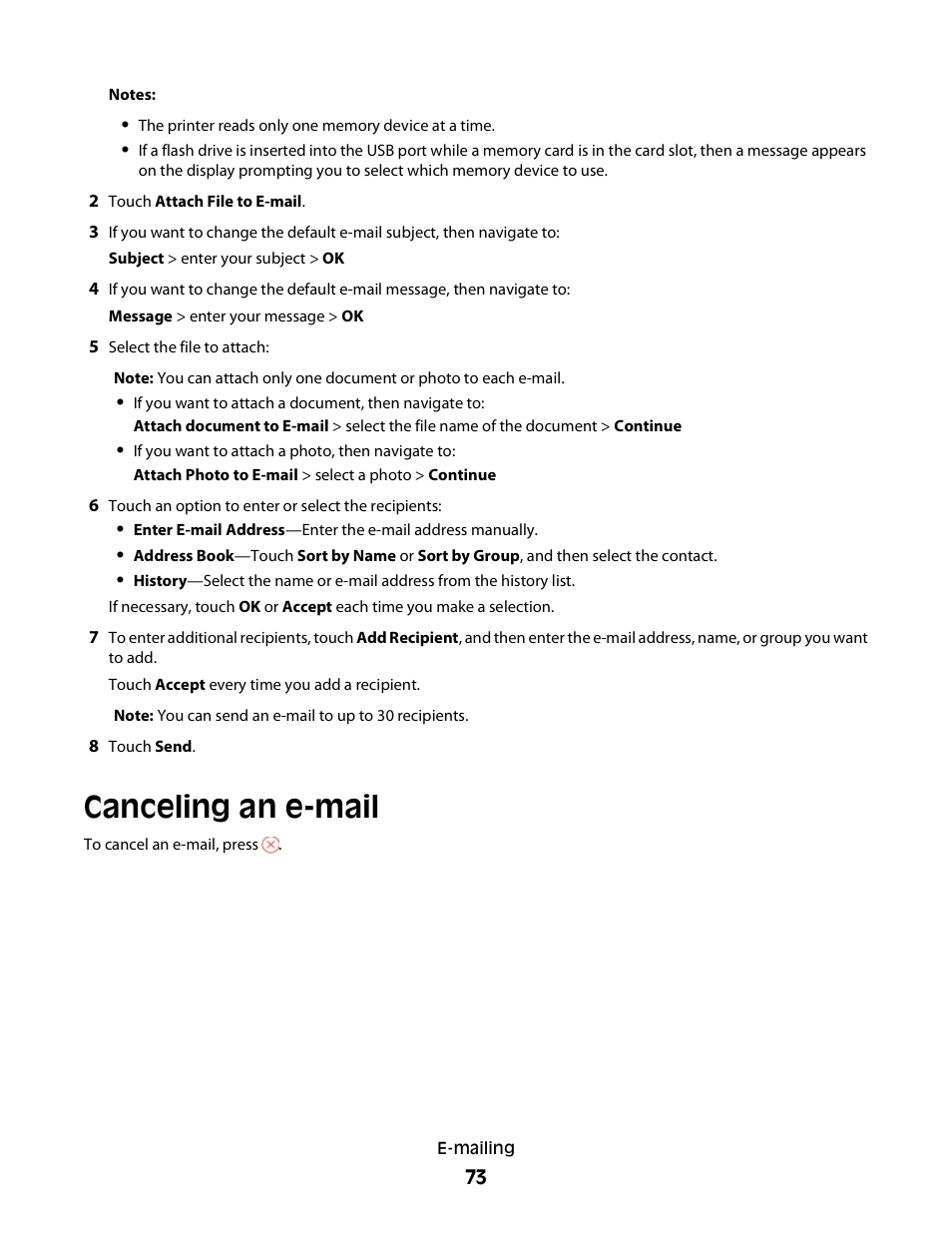 Canceling an e-mail | Lexmark S800 User Manual | Page 73 / 197