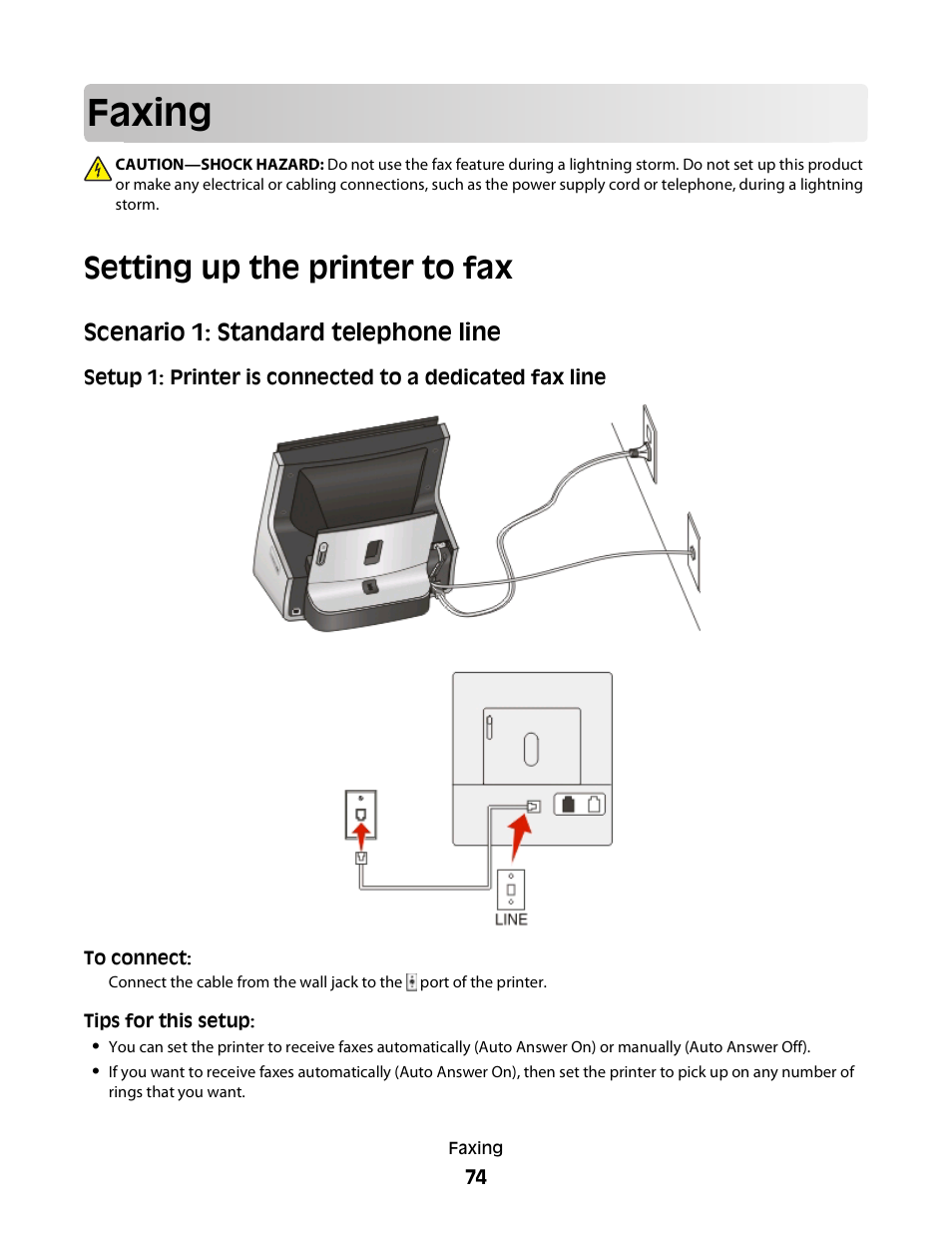 Faxing, Setting up the printer to fax, Scenario 1: standard telephone line | Lexmark S800 User Manual | Page 74 / 197
