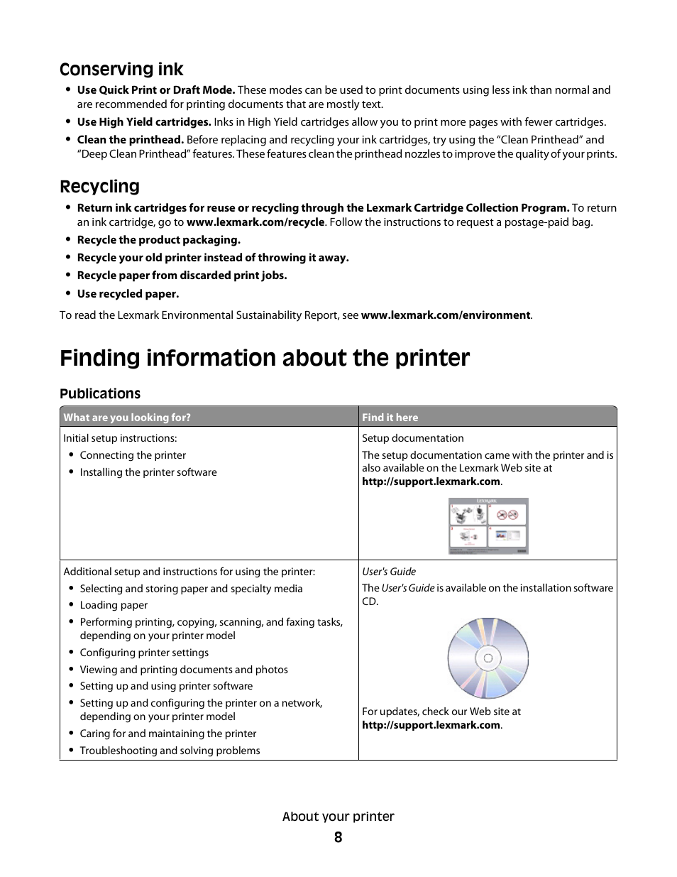 Finding information about the printer, Conserving ink, Recycling | Lexmark S800 User Manual | Page 8 / 197