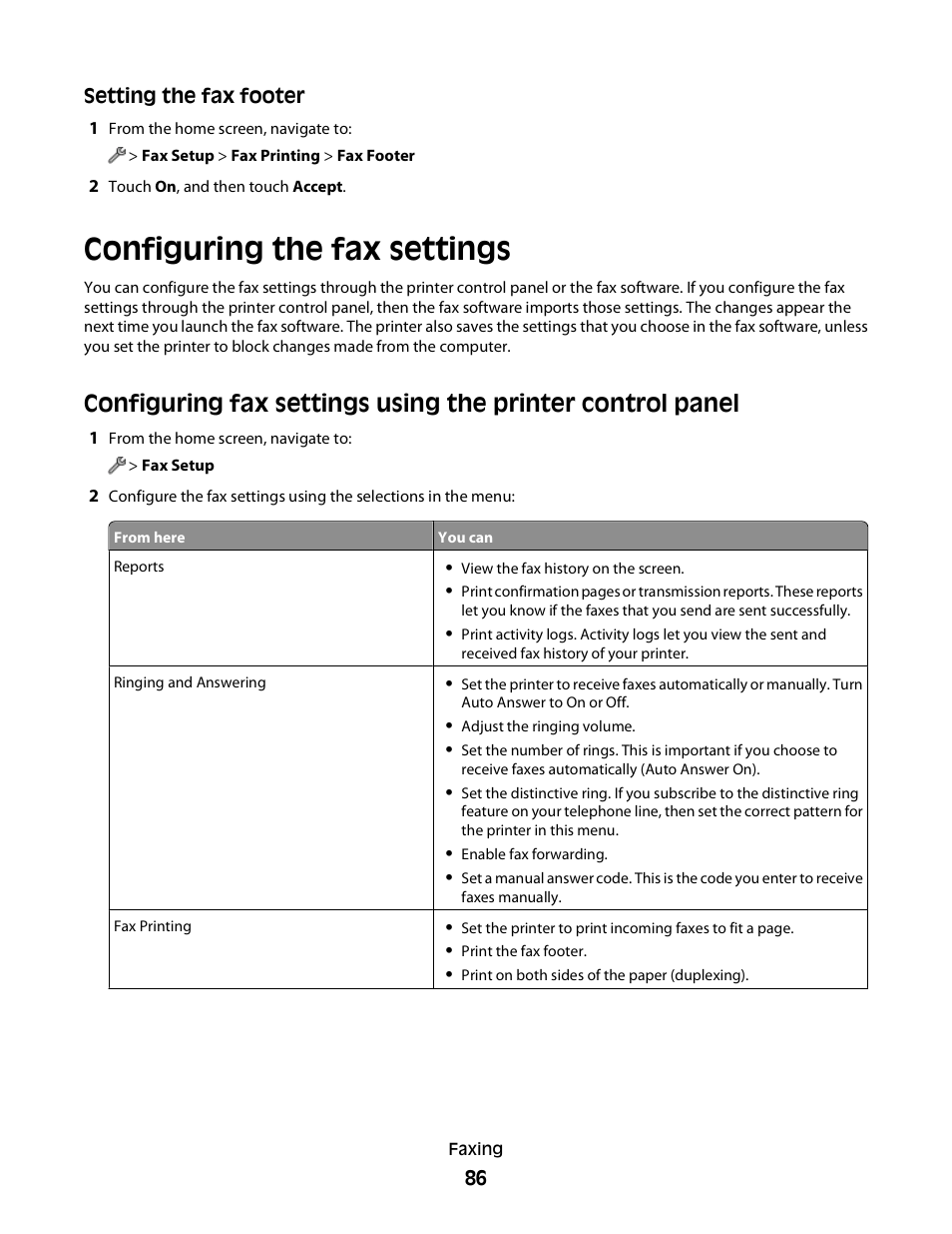 Configuring the fax settings | Lexmark S800 User Manual | Page 86 / 197