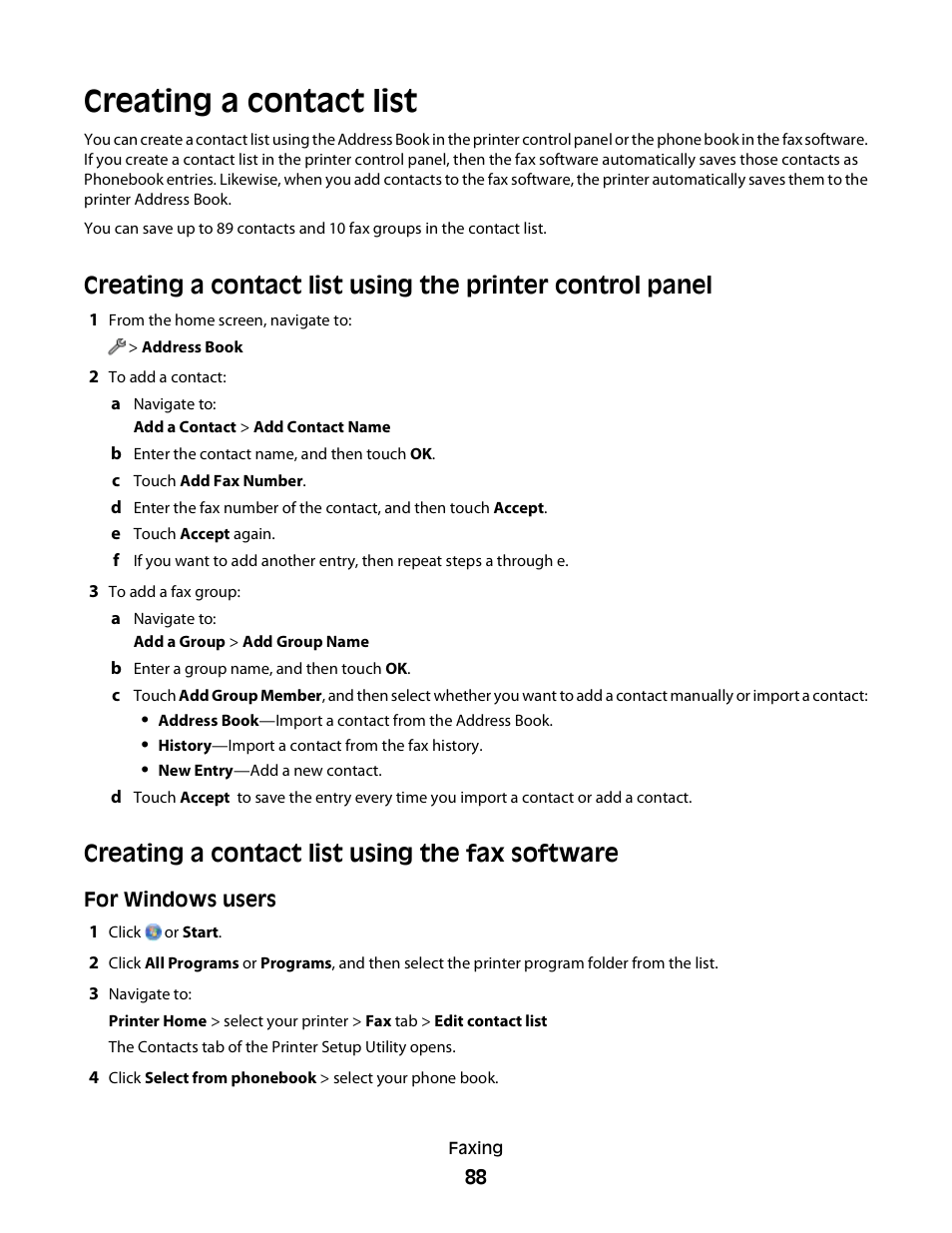 Creating a contact list, Creating a contact list using the fax software | Lexmark S800 User Manual | Page 88 / 197