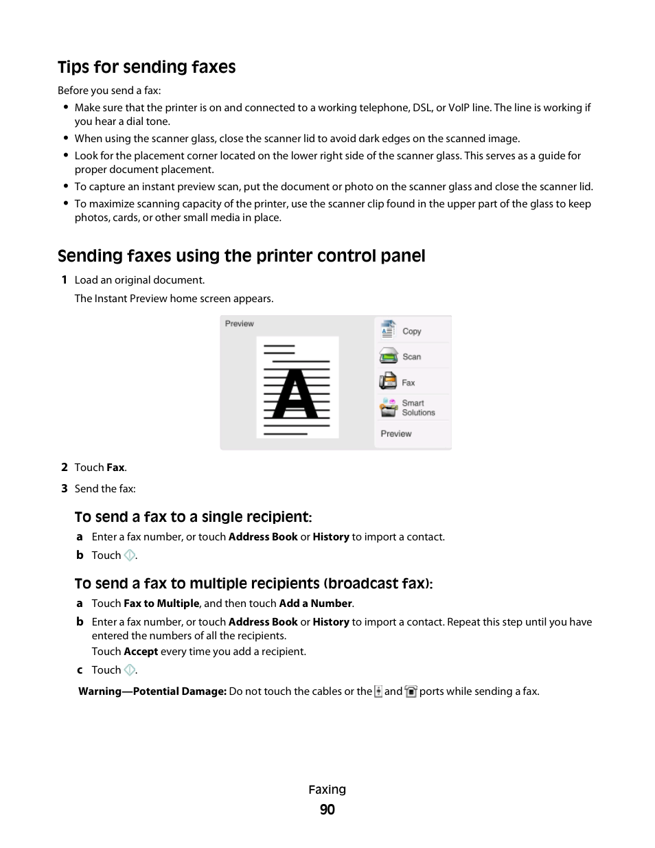 Tips for sending faxes, Sending faxes using the printer control panel | Lexmark S800 User Manual | Page 90 / 197