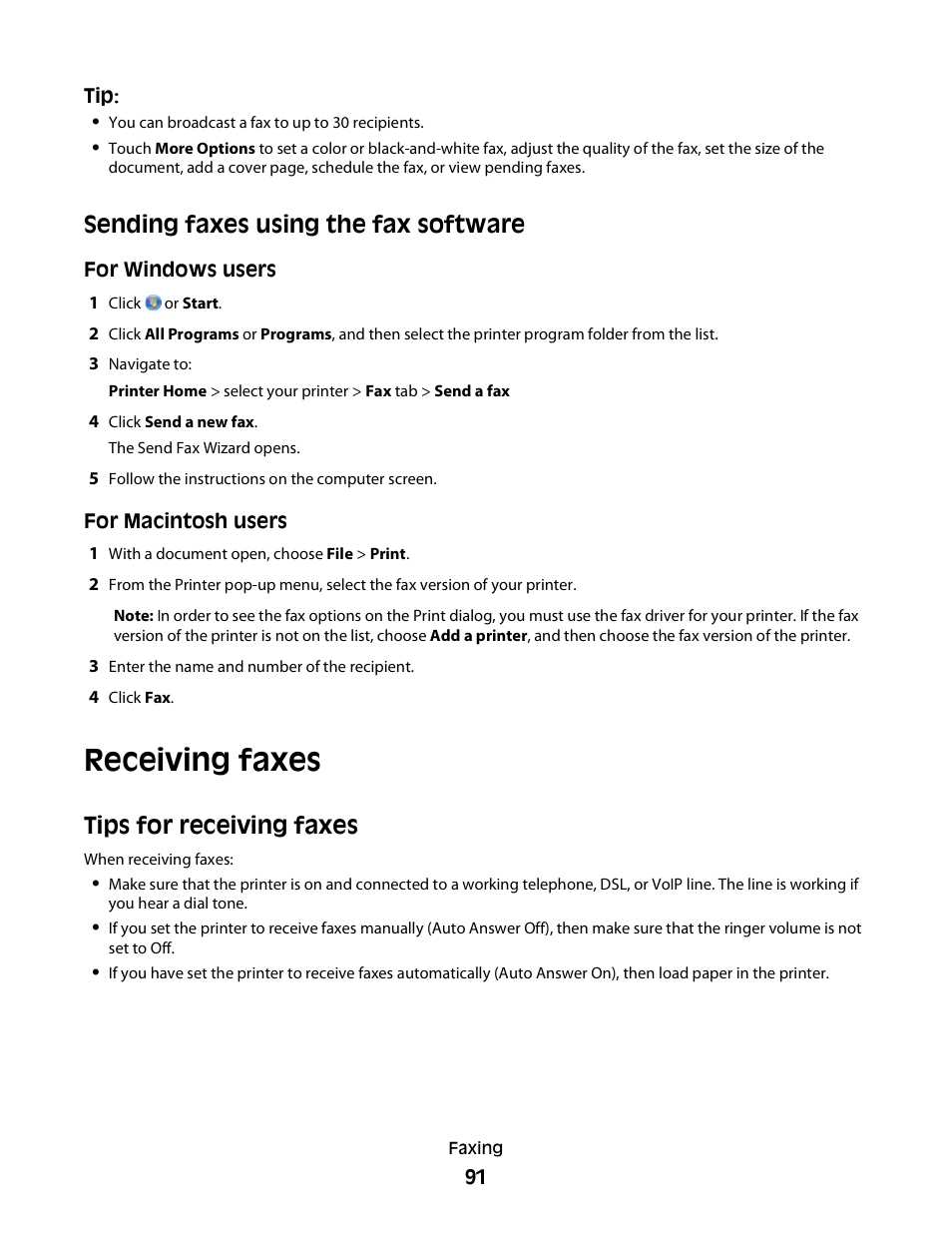 Sending faxes using the fax software, Receiving faxes, Tips for receiving faxes | Lexmark S800 User Manual | Page 91 / 197