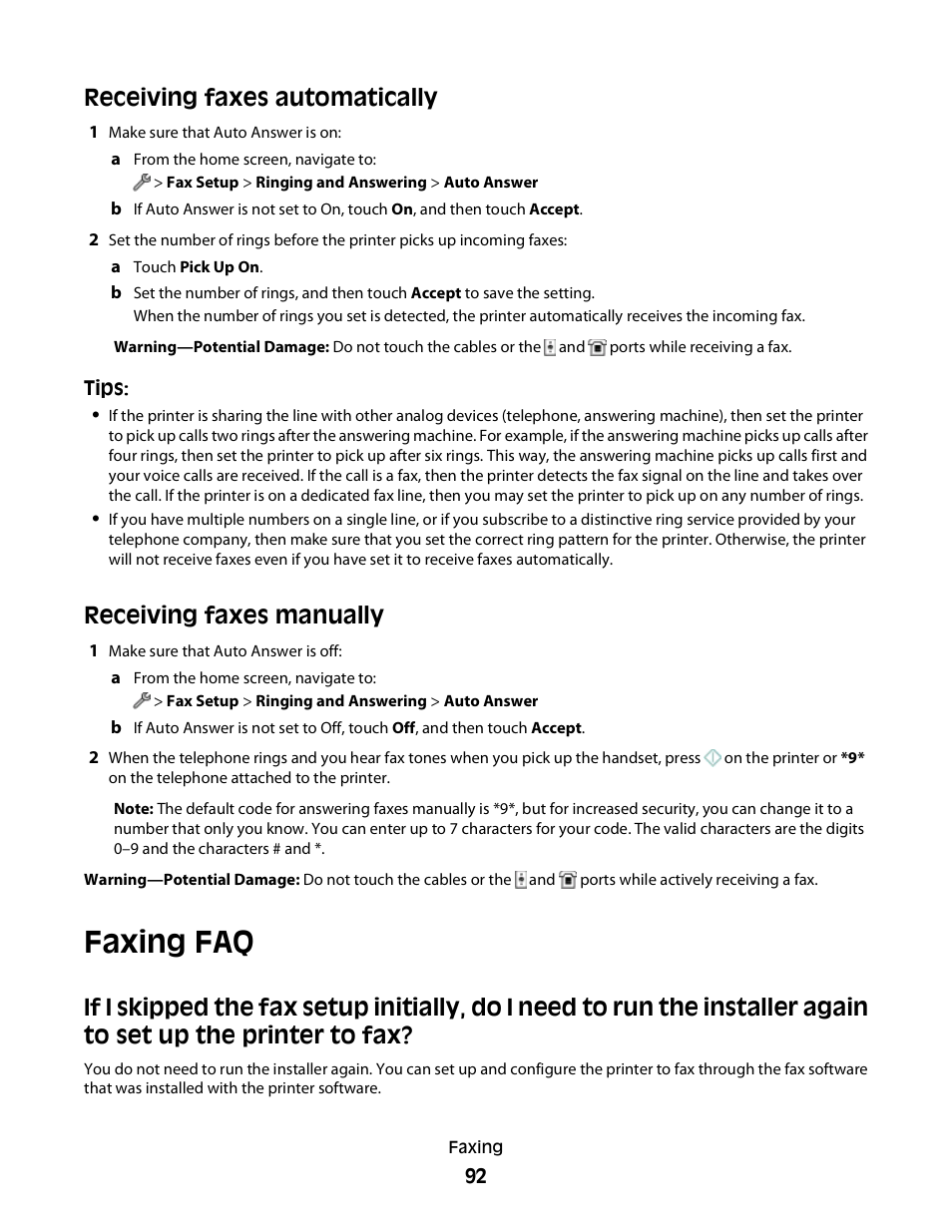 Receiving faxes automatically, Receiving faxes manually, Faxing faq | Lexmark S800 User Manual | Page 92 / 197