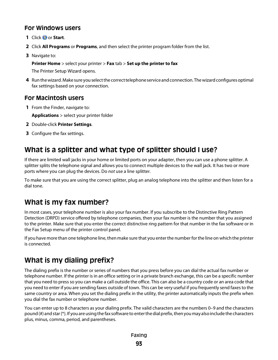 What is my fax number, What is my dialing prefix | Lexmark S800 User Manual | Page 93 / 197