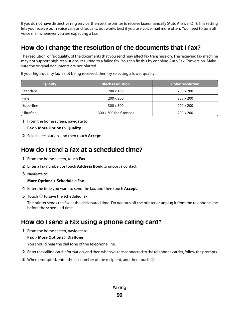 How do i send a fax at a scheduled time, How do i send a fax using a phone calling card | Lexmark S800 User Manual | Page 96 / 197