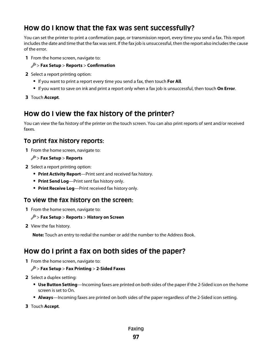 How do i know that the fax was sent successfully, How do i view the fax history of the printer, How do i print a fax on both sides of the paper | Lexmark S800 User Manual | Page 97 / 197