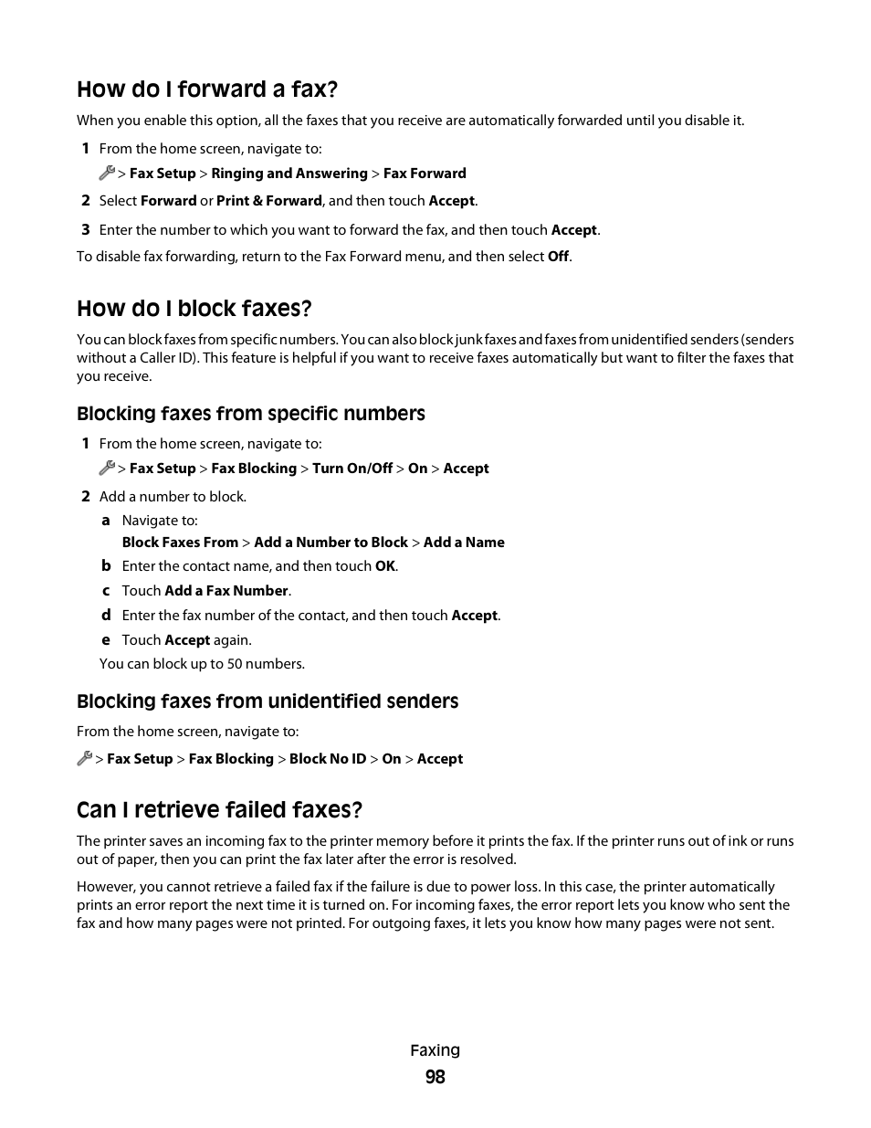 How do i forward a fax, How do i block faxes, Can i retrieve failed faxes | Lexmark S800 User Manual | Page 98 / 197