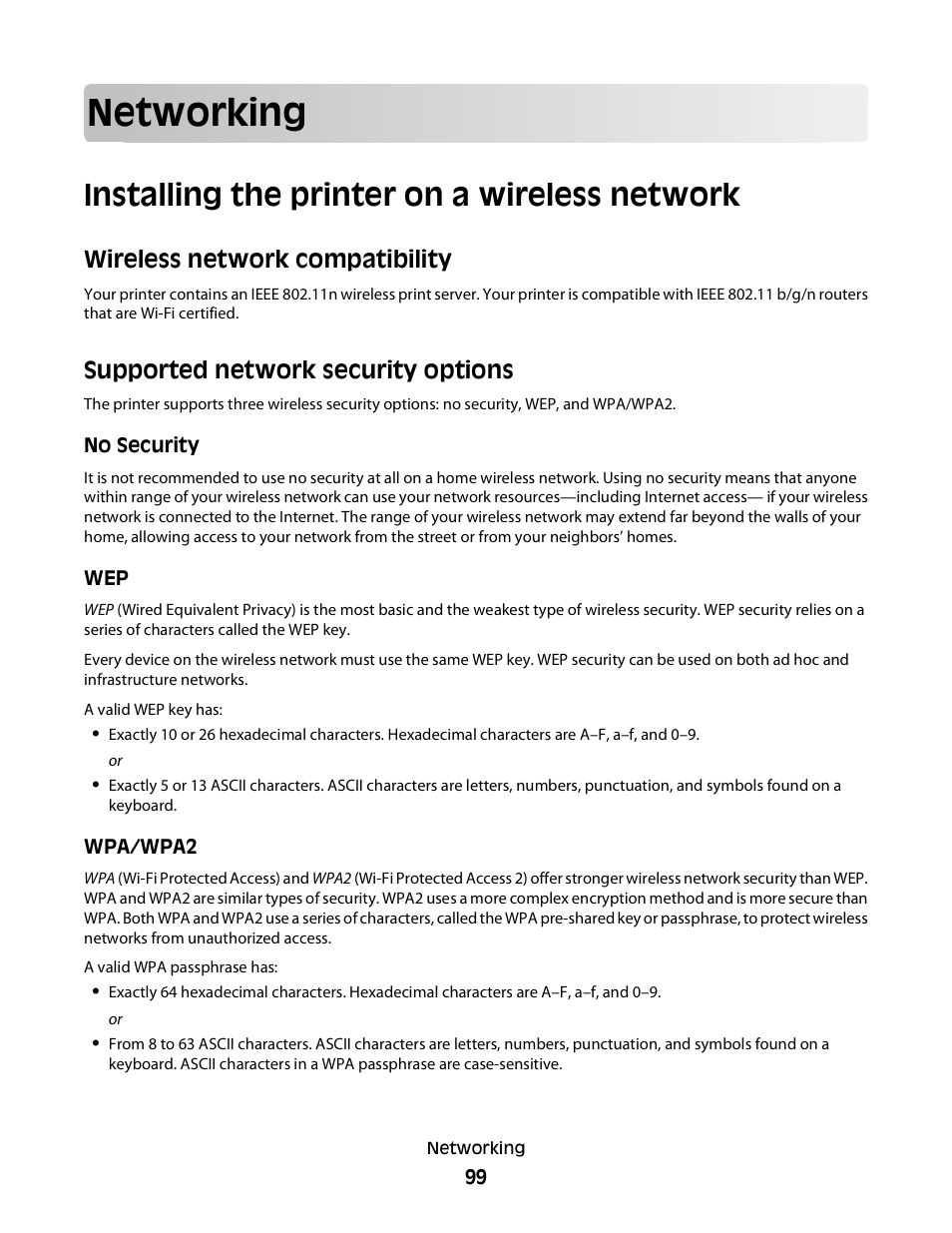 Networking, Installing the printer on a wireless network, Wireless network compatibility | Supported network security options | Lexmark S800 User Manual | Page 99 / 197