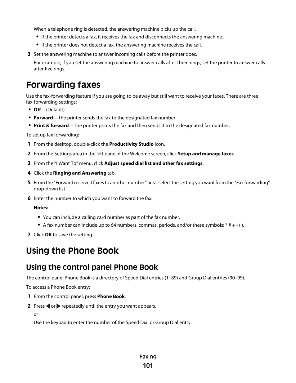 Forwarding faxes, Using the phone book, Using the control panel phone book | Lexmark 5300 Series User Manual | Page 101 / 194
