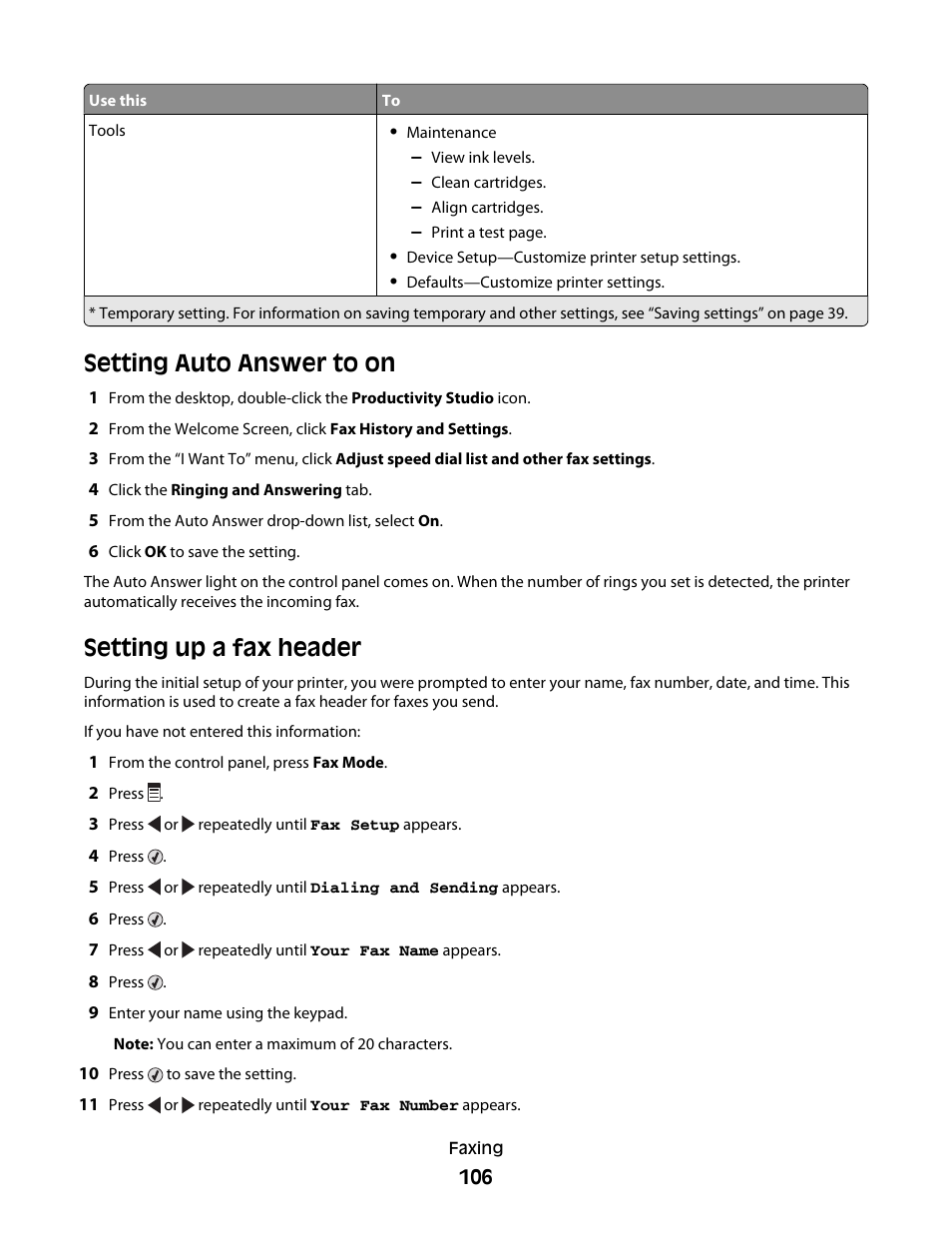 Setting auto answer to on, Setting up a fax header | Lexmark 5300 Series User Manual | Page 106 / 194