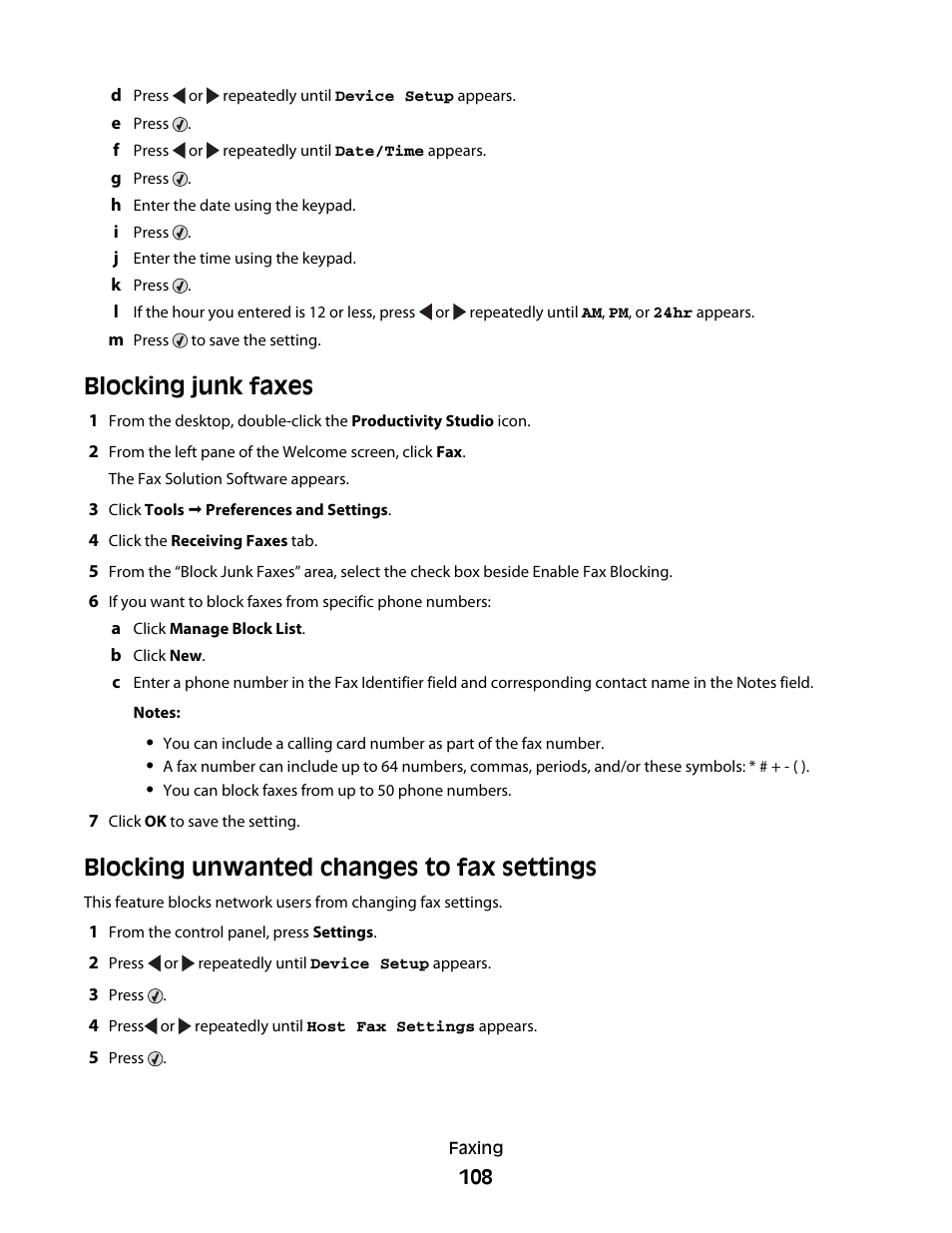 Blocking junk faxes, Blocking unwanted changes to fax settings | Lexmark 5300 Series User Manual | Page 108 / 194