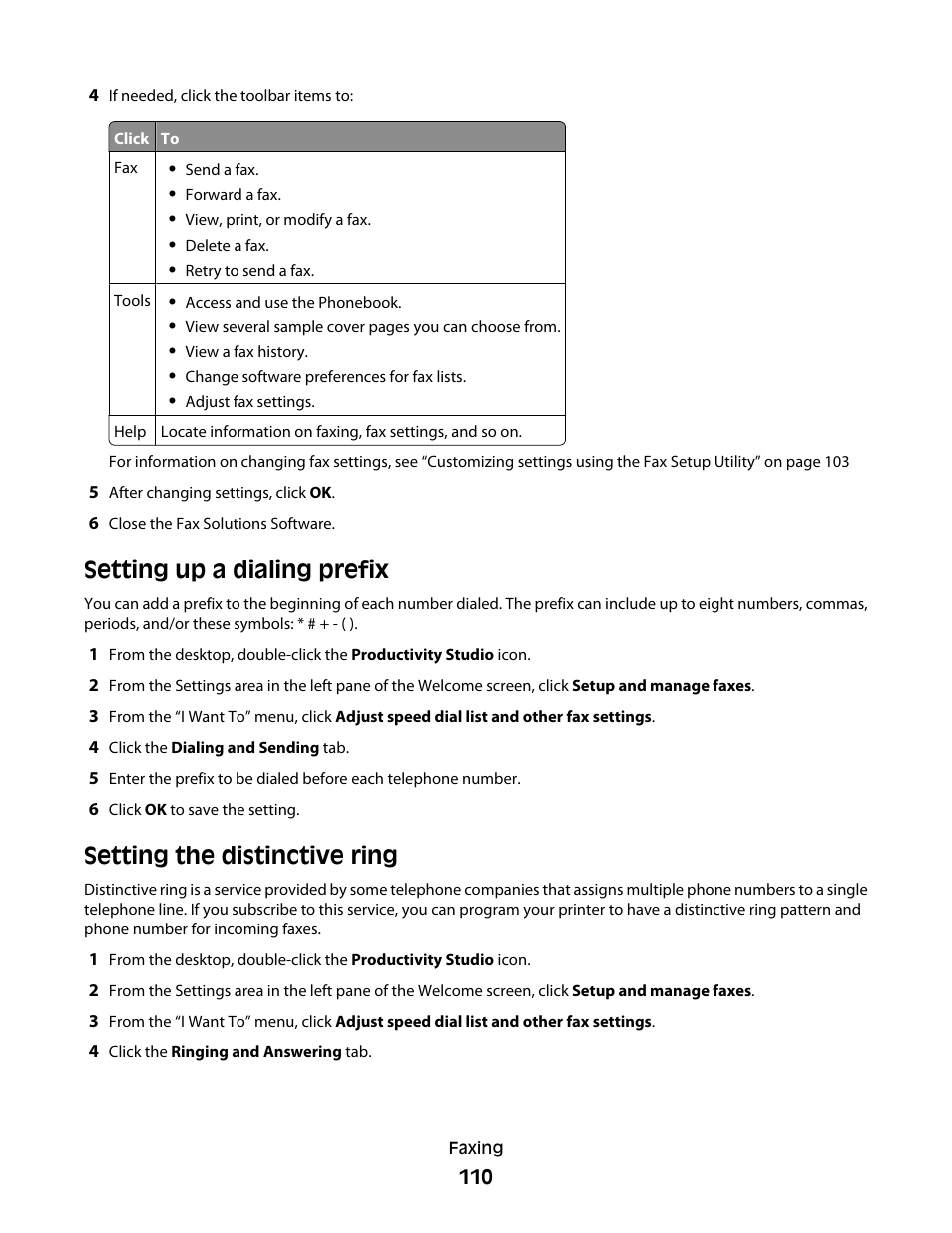 Setting up a dialing prefix, Setting the distinctive ring | Lexmark 5300 Series User Manual | Page 110 / 194