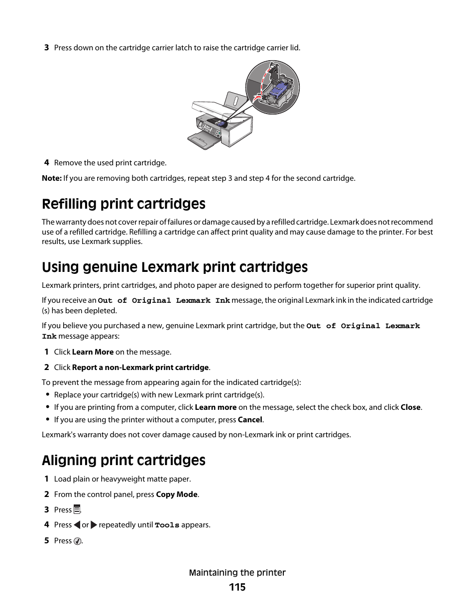 Refilling print cartridges, Using genuine lexmark print cartridges, Aligning print cartridges | Lexmark 5300 Series User Manual | Page 115 / 194
