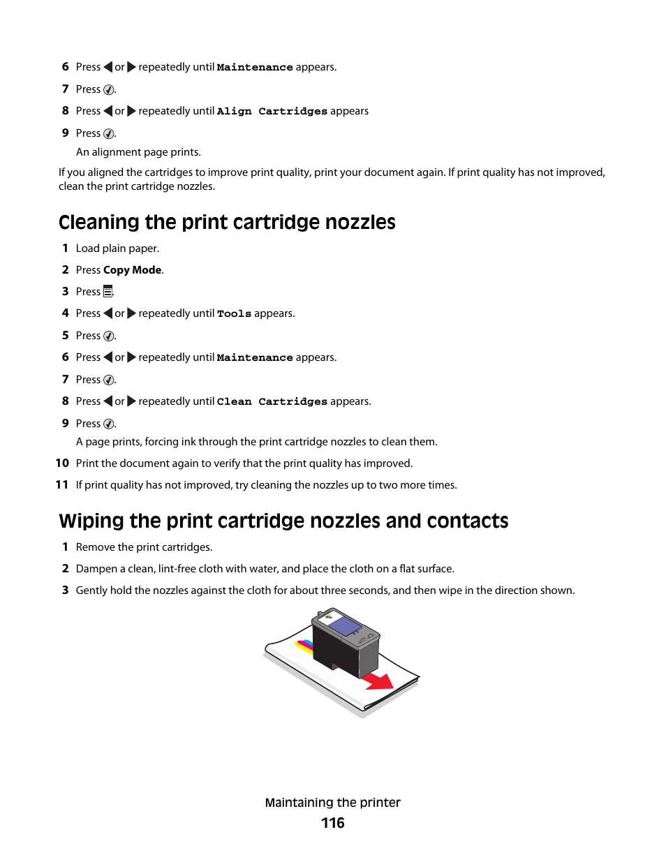 Cleaning the print cartridge nozzles, Wiping the print cartridge nozzles and contacts | Lexmark 5300 Series User Manual | Page 116 / 194