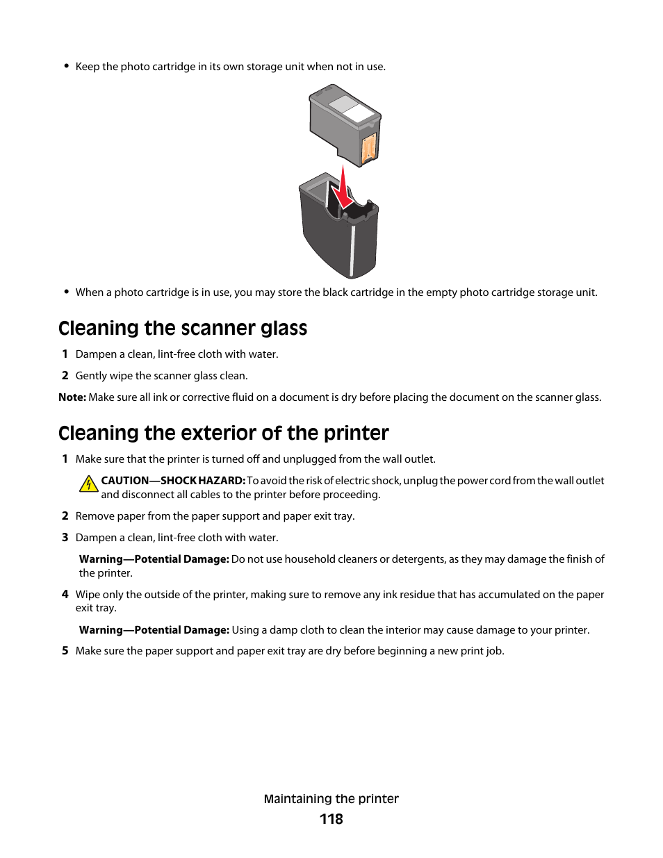 Cleaning the scanner glass, Cleaning the exterior of the printer | Lexmark 5300 Series User Manual | Page 118 / 194