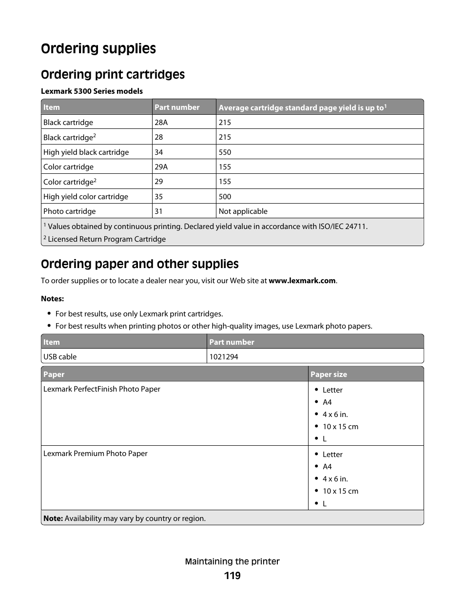 Ordering supplies, Ordering print cartridges, Ordering paper and other supplies | Lexmark 5300 Series User Manual | Page 119 / 194