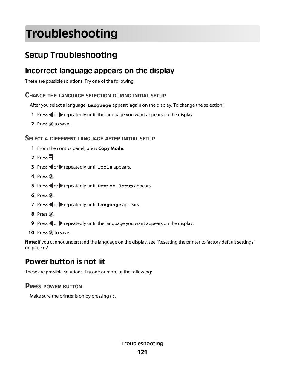 Troubleshooting, Setup troubleshooting, Incorrect language appears on the display | Power button is not lit | Lexmark 5300 Series User Manual | Page 121 / 194