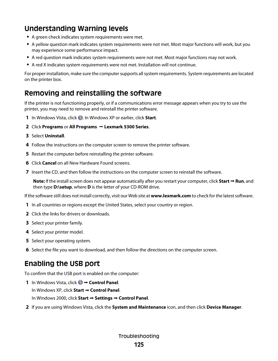 Understanding warning levels, Removing and reinstalling the software, Enabling the usb port | Lexmark 5300 Series User Manual | Page 125 / 194