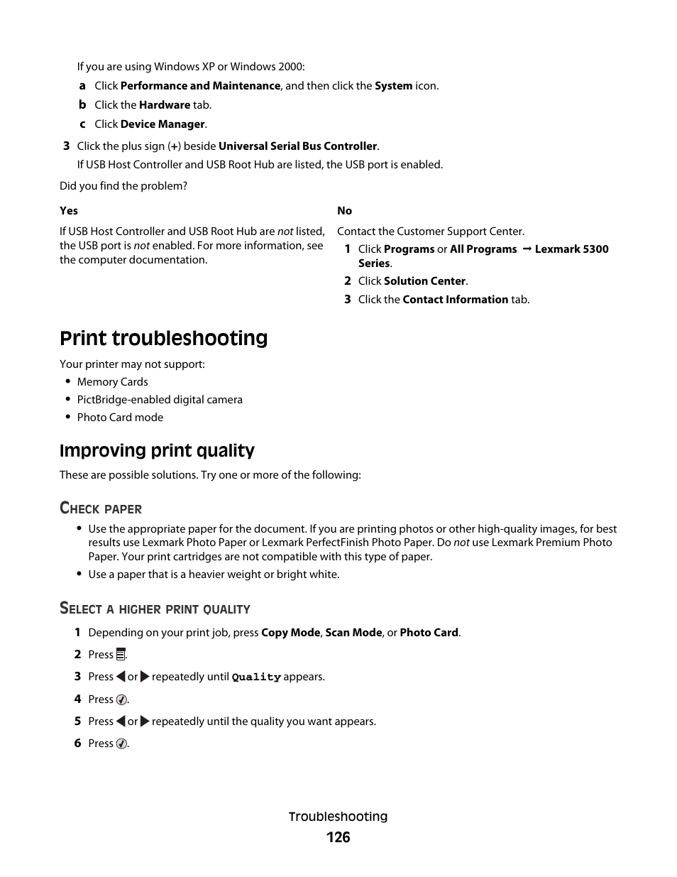 Print troubleshooting, Improving print quality | Lexmark 5300 Series User Manual | Page 126 / 194