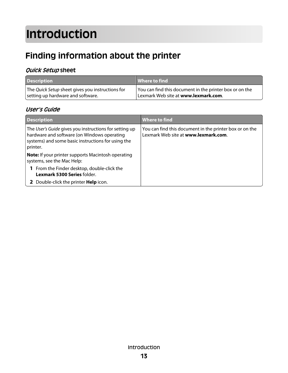 Introduction, Finding information about the printer | Lexmark 5300 Series User Manual | Page 13 / 194