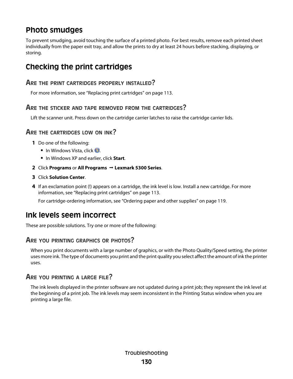 Photo smudges, Checking the print cartridges, Ink levels seem incorrect | Checking the print cartridges a | Lexmark 5300 Series User Manual | Page 130 / 194