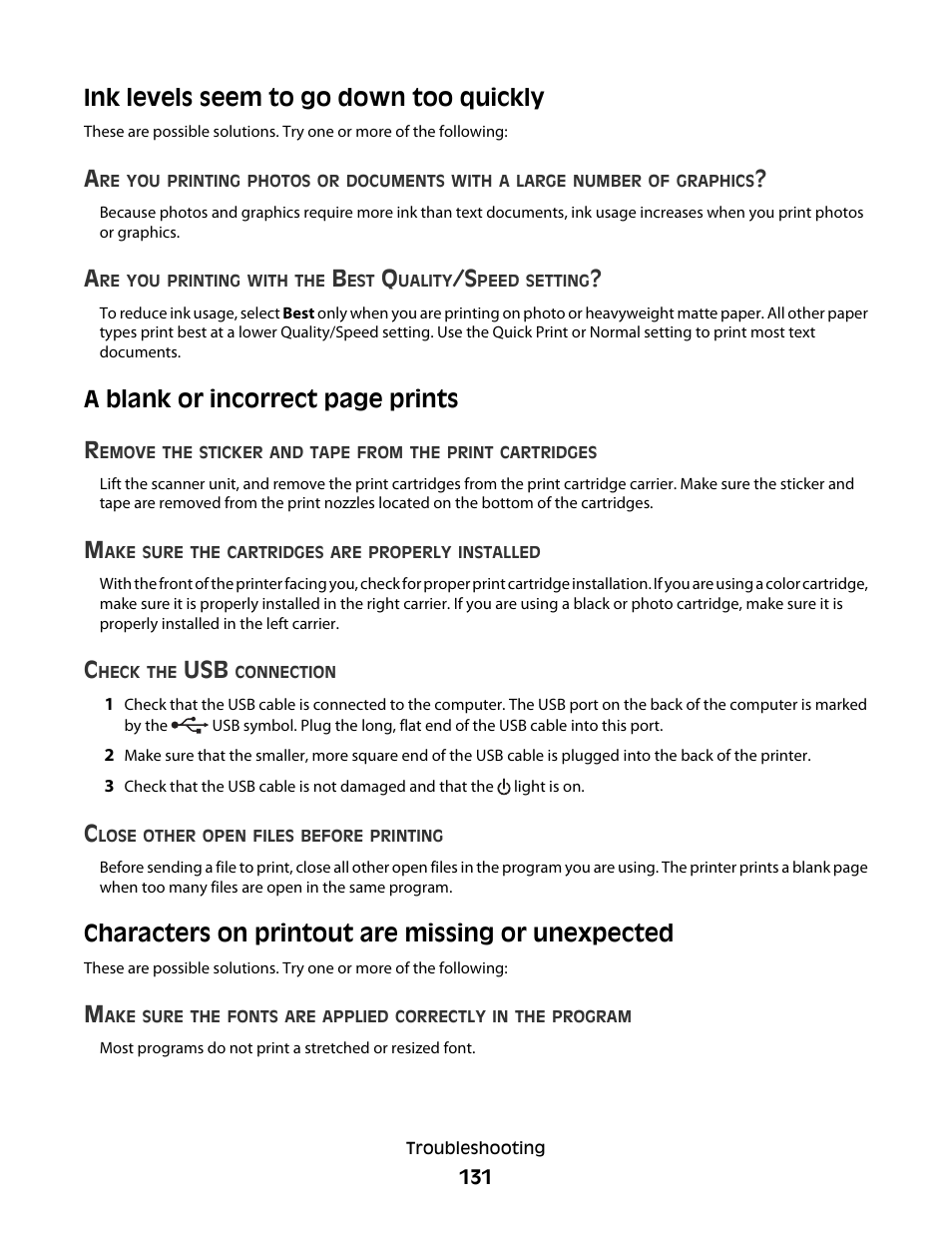 Ink levels seem to go down too quickly, Characters on printout are missing or unexpected, A blank or incorrect page prints r | Lexmark 5300 Series User Manual | Page 131 / 194