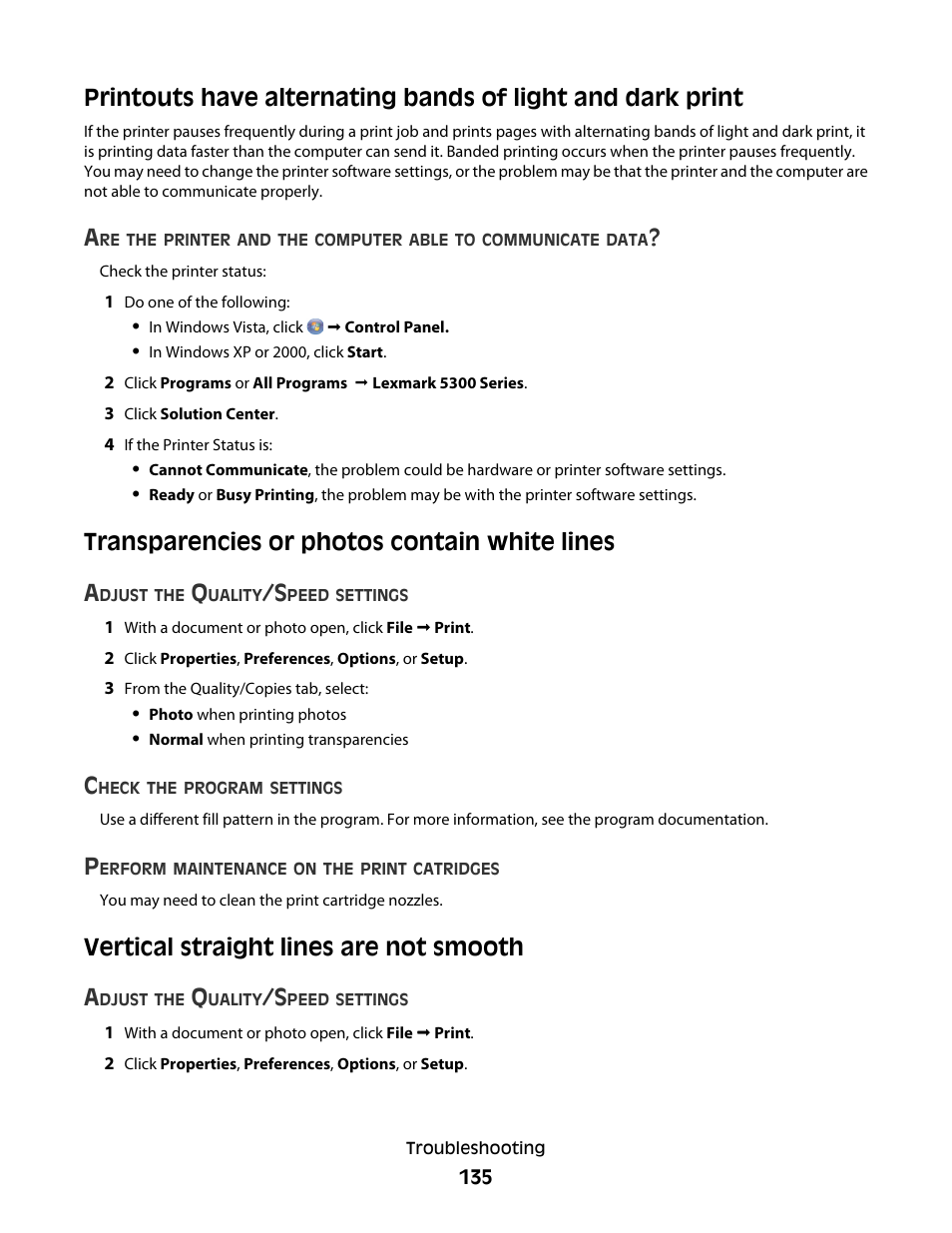 Transparencies or photos contain white lines, Vertical straight lines are not smooth, Transparencies or photos contain white lines a | Vertical straight lines are not smooth a | Lexmark 5300 Series User Manual | Page 135 / 194