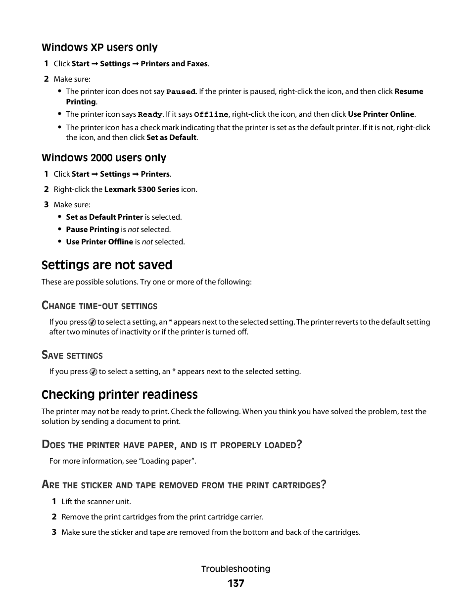 Settings are not saved, Checking printer readiness | Lexmark 5300 Series User Manual | Page 137 / 194