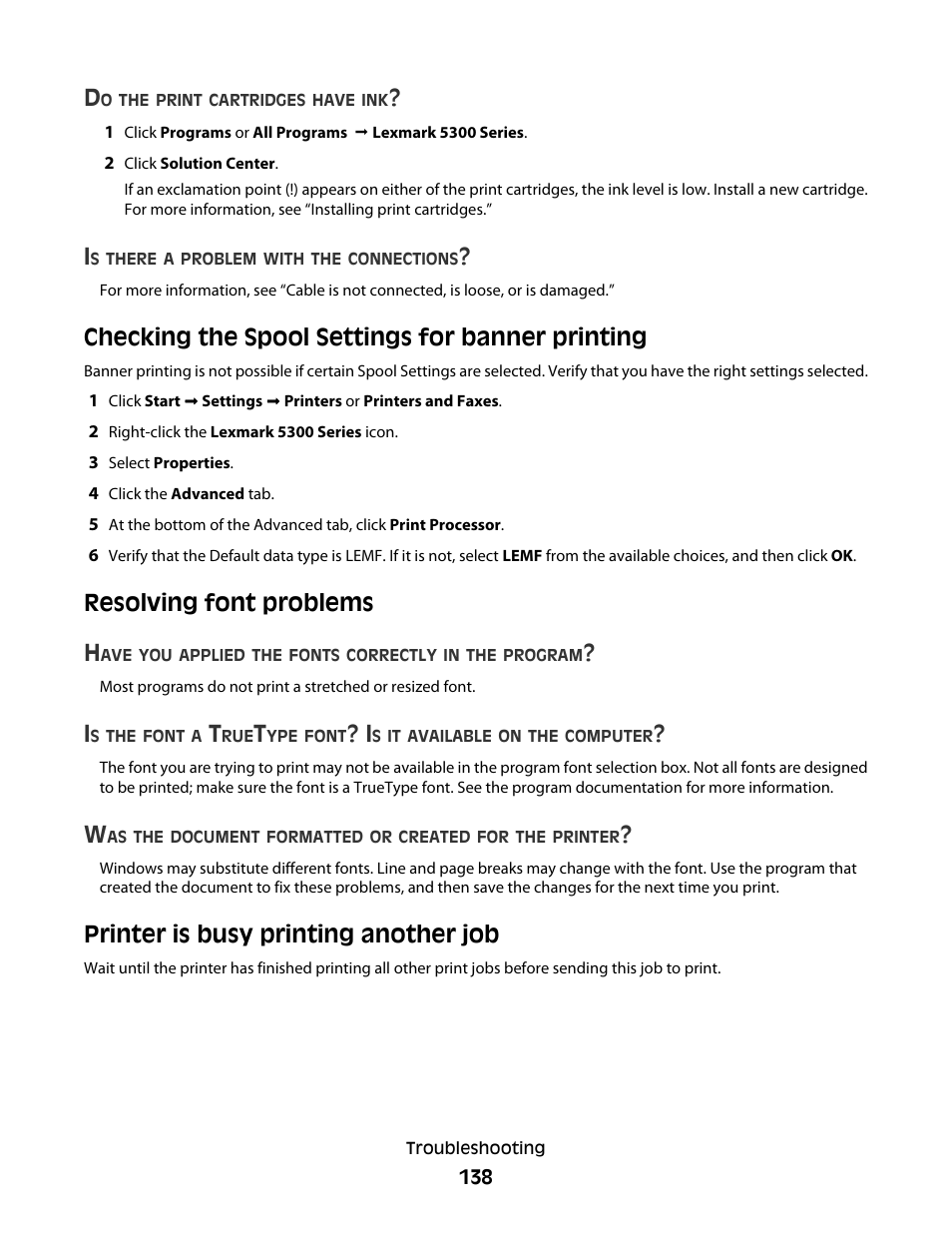 Checking the spool settings for banner printing, Resolving font problems, Printer is busy printing another job | Resolving font problems h | Lexmark 5300 Series User Manual | Page 138 / 194