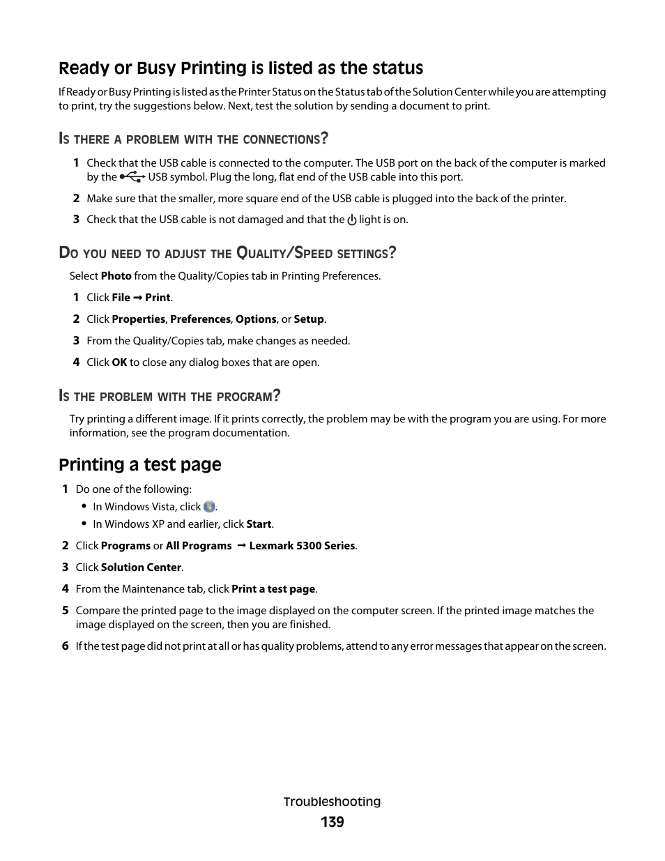 Ready or busy printing is listed as the status, Printing a test page | Lexmark 5300 Series User Manual | Page 139 / 194