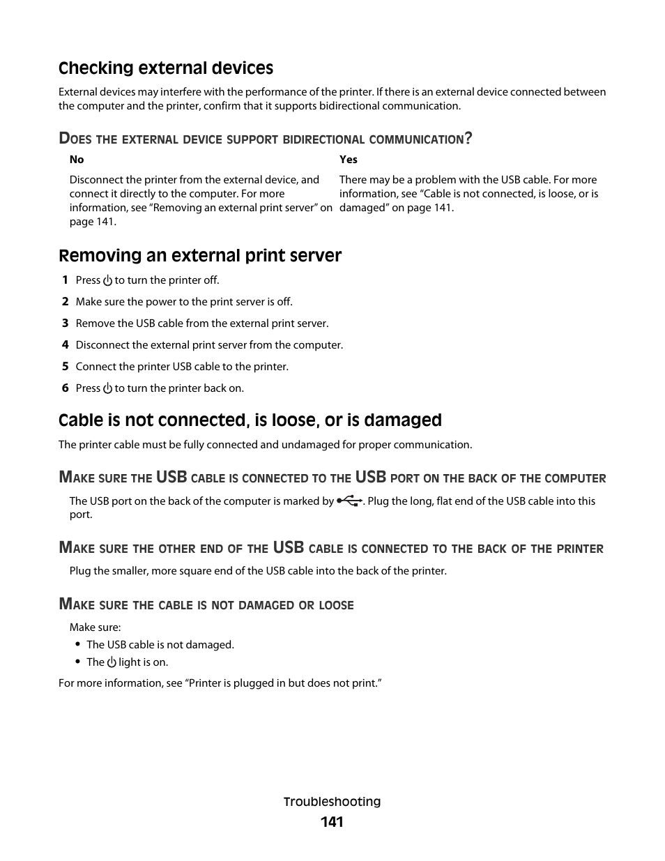 Checking external devices, Removing an external print server, Cable is not connected, is loose, or is damaged | Lexmark 5300 Series User Manual | Page 141 / 194