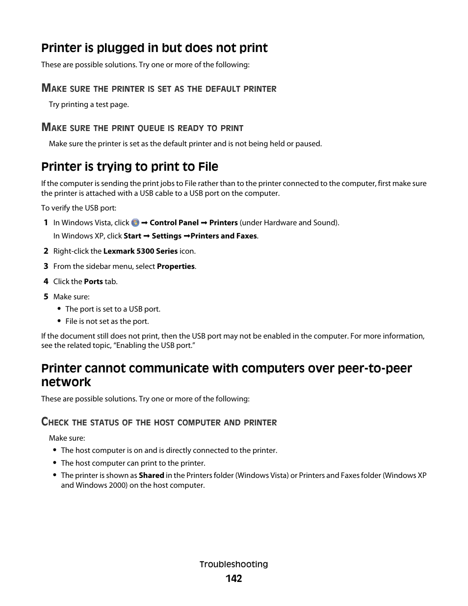 Printer is plugged in but does not print, Printer is trying to print to file | Lexmark 5300 Series User Manual | Page 142 / 194
